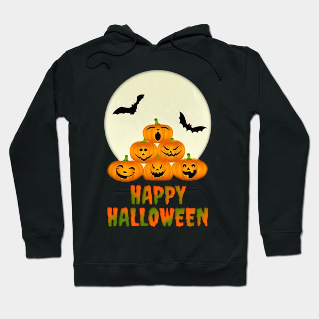 Happy Halloween Moon Pumpkins Bats Hoodie by Roly Poly Roundabout